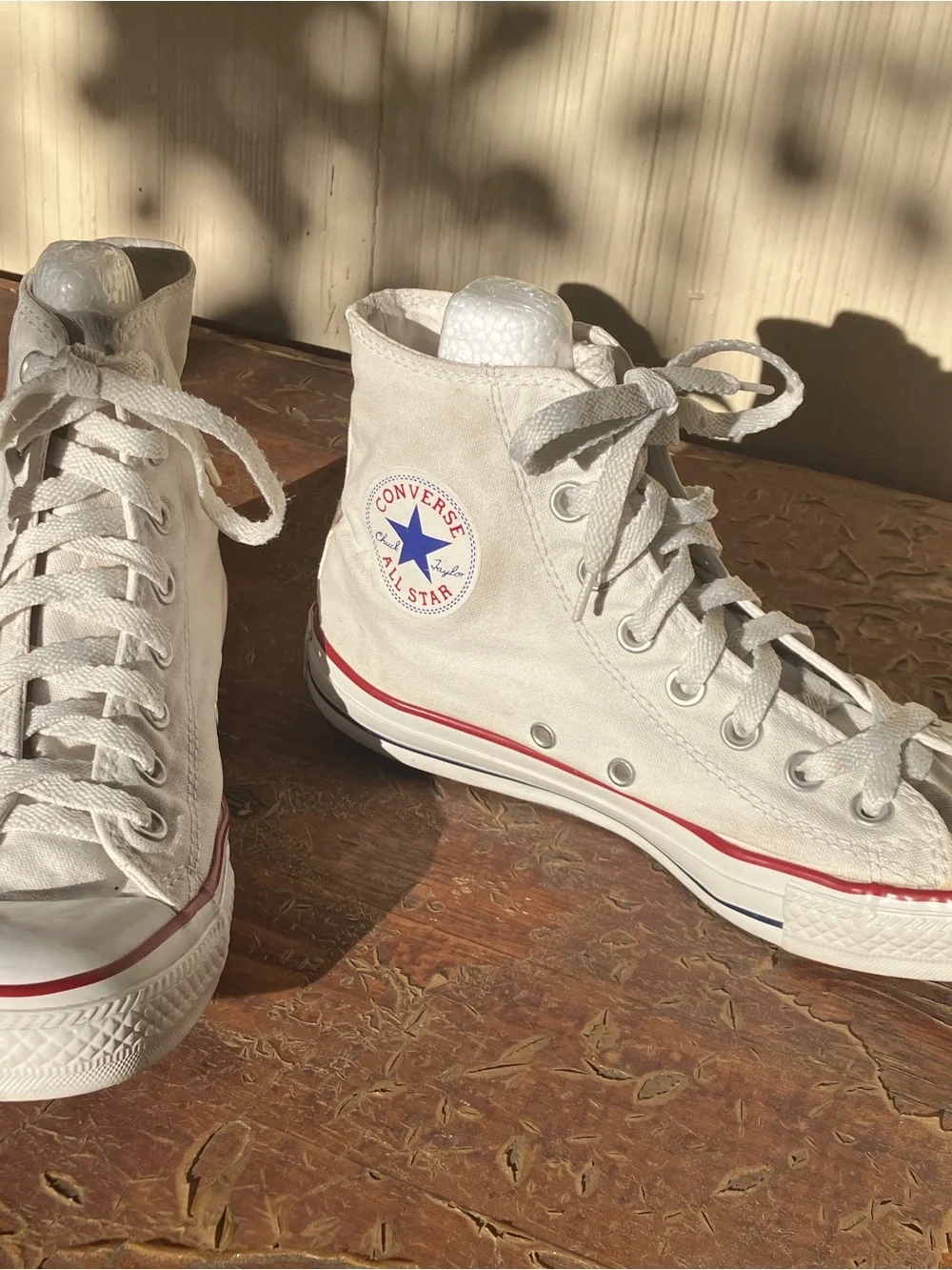 Converse White High Top Chuck Taylor All Star Sneakers with Red & Blue Trim - Picture 3 of 4